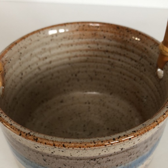 Art Pottery Glazed Basket Style Bowl With Bamboo Handle-Signed - Picture 10 of 15
